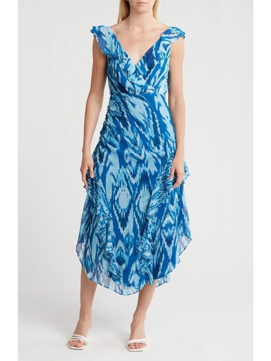 Ramy Brook Dresses & Skirts - Ramy Brook Anika Women's Ruffle V-Neck Chiffon Midi Dress Laguna Blue Size 6